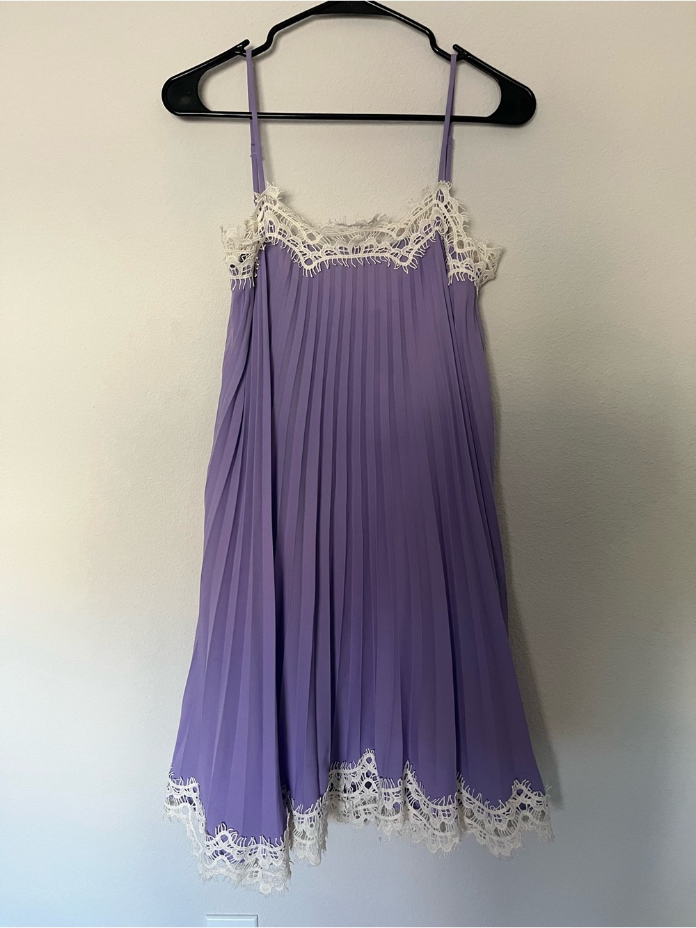 Anthropologie Lavender Pleated Dress with White Lace Trim
